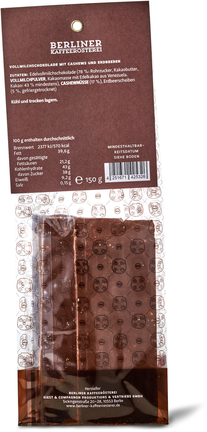 BKR - Edelvollmilch-Bruchschokolade mit Cashews und Erdbeeren BKR - Edelvollmilch-Bruchschokolade mit Cashews und Erdbeeren