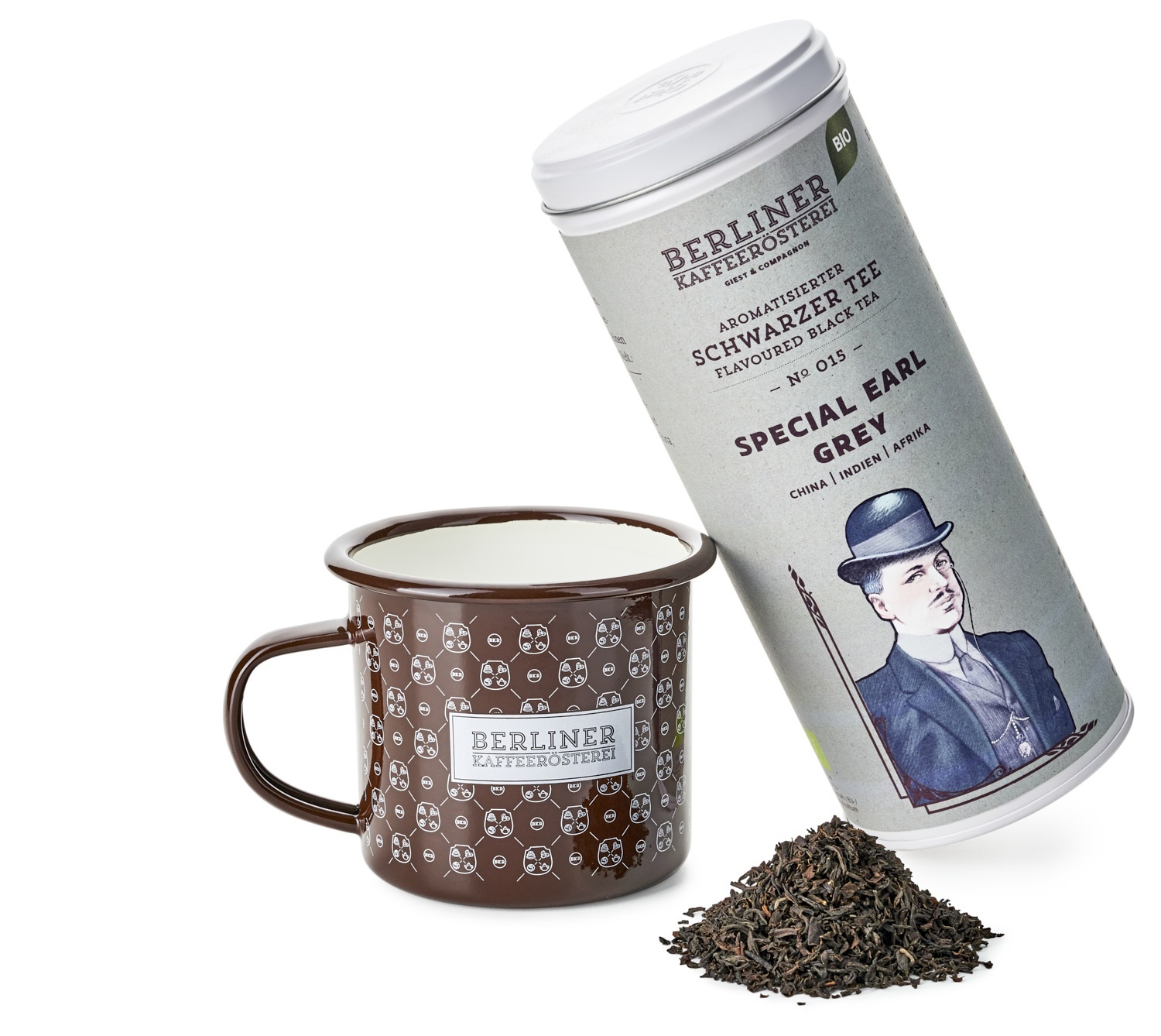 BKR Emaille Tasse mit 100g Tee nach Wahl mit Doppeldeckeldose