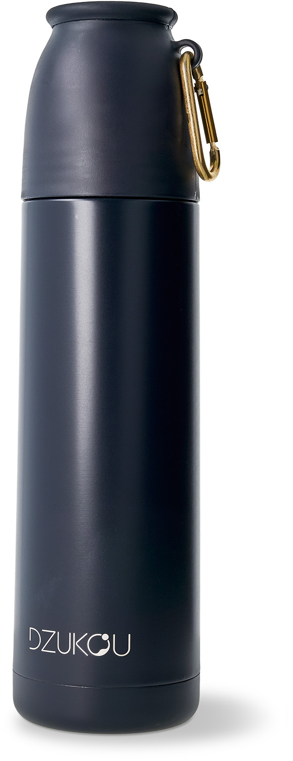 Thermosflasche dunkelblau Edelstahl 500 ml mit Karabiner und Becherdeckel