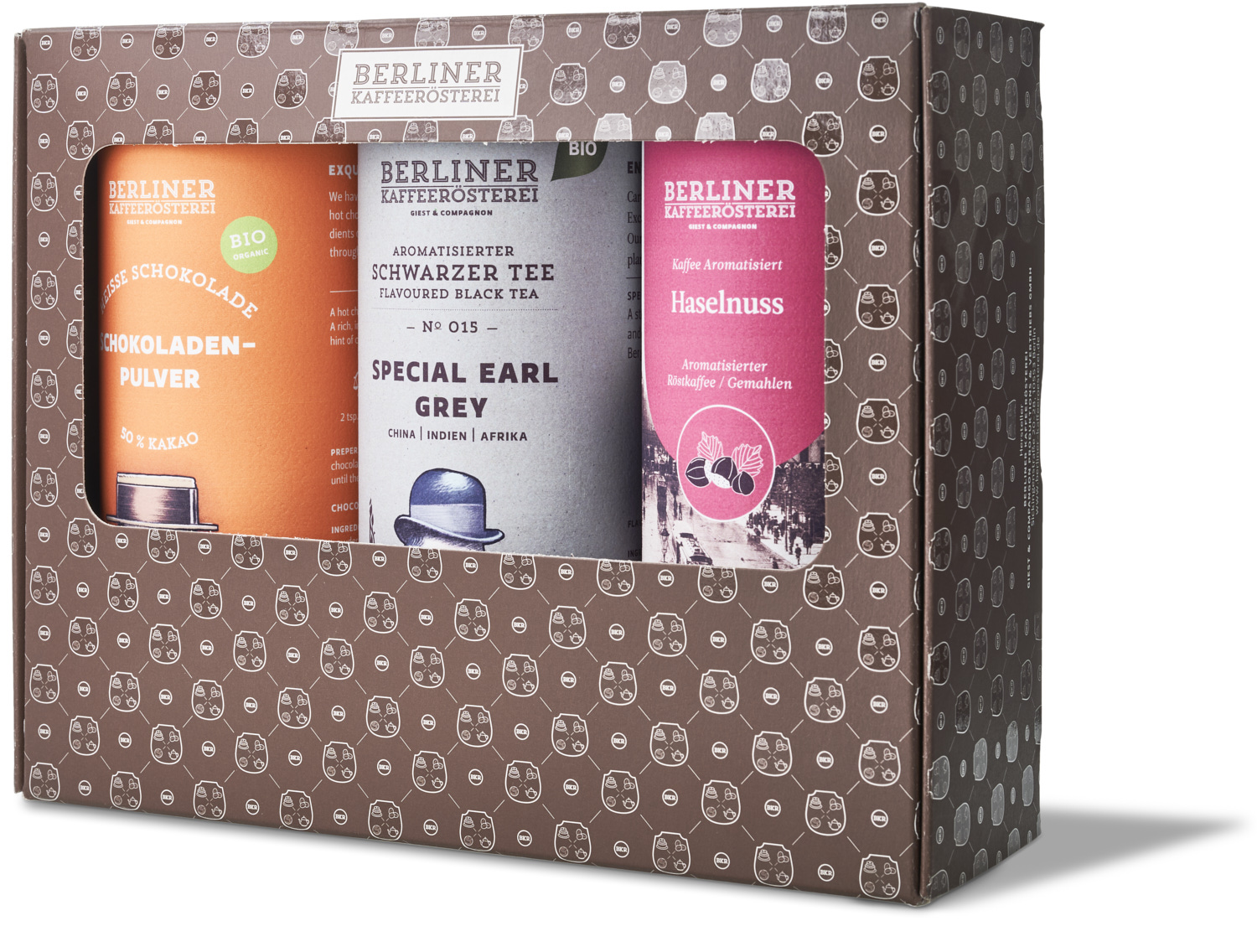 Ihr eigenes Wunsch-Set: 1 Dose heiße Schokolade & 2 Dosen Kaffee oder Tee nach Wahl inkl. Karton