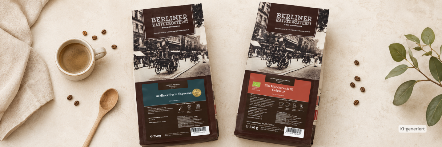 Zwei Kaffeebeutel der Berliner Kaffeerösterei - Hintergrund