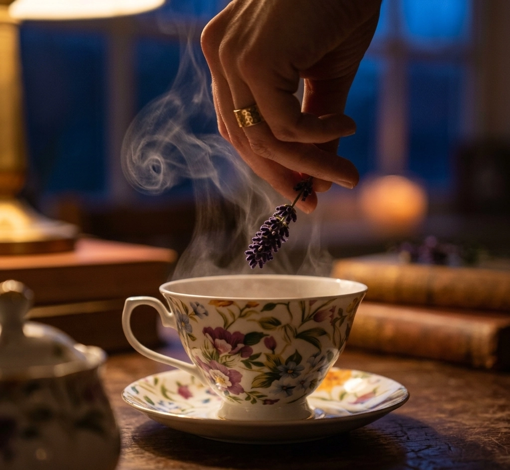 Hand gibt einen frischen Lavendelzweig in eine dampfende Teetasse mit floralem Muster, warmes Abendlicht, Bücher im Hintergrund unscharf