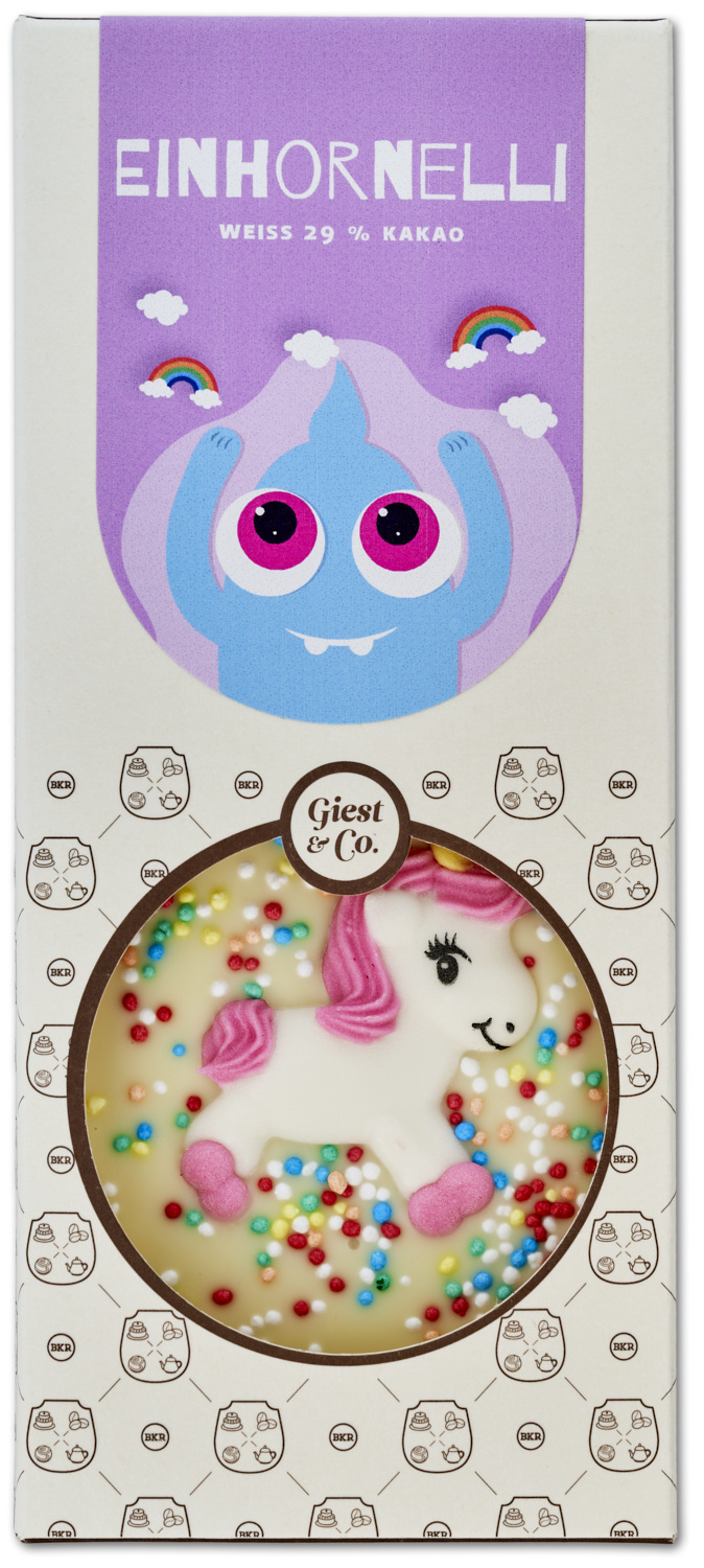 "Einhornelli" mit Einhorn, Regenbogen und bunten Streuseln (weiss) "Einhornelli" mit Einhorn, Regenbogen und bunten Streuseln (weiss)